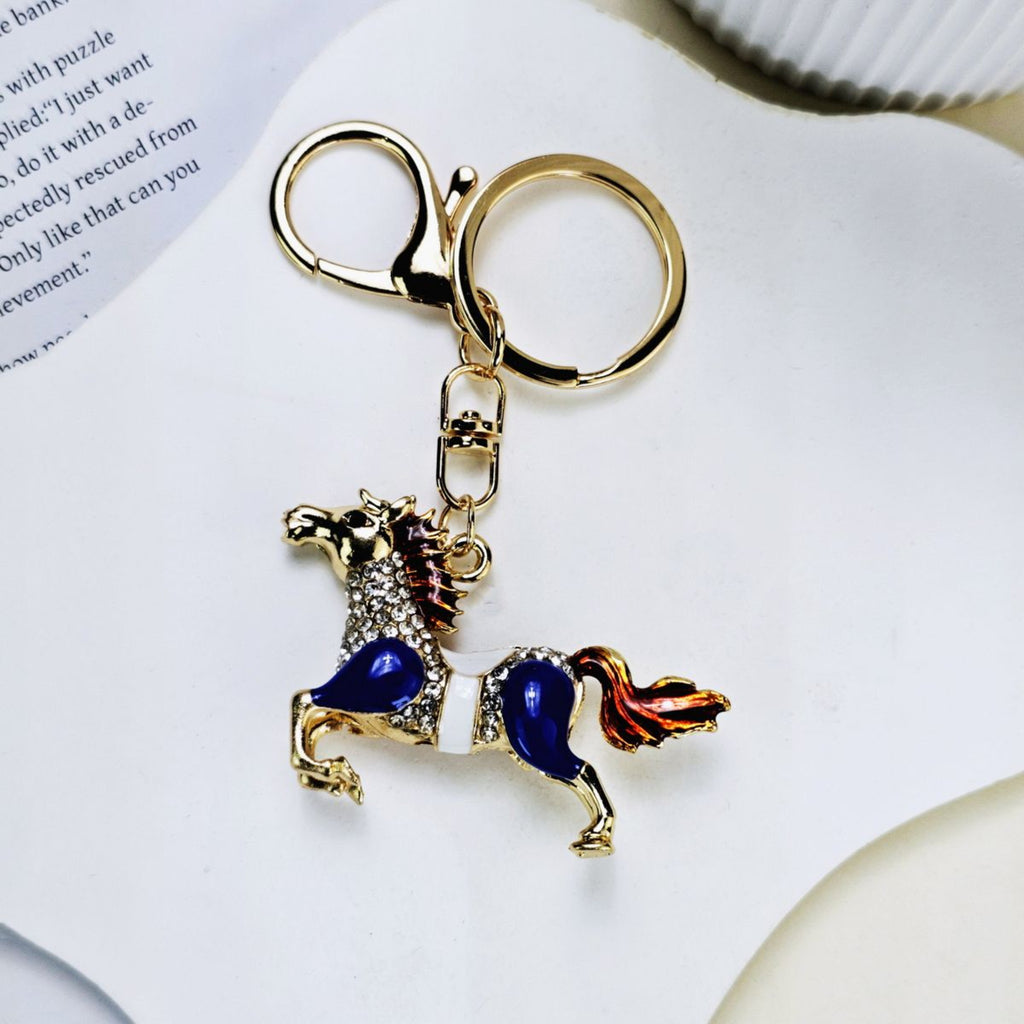 Blue Enamel & Rhinestone Horse Keyring