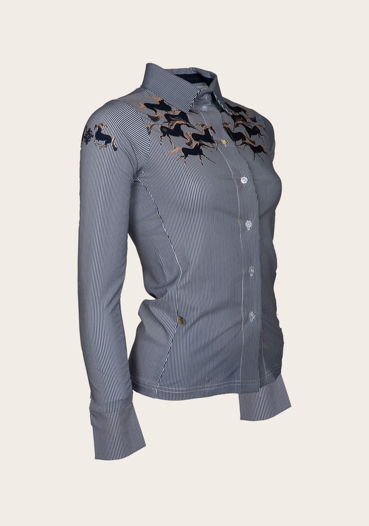 Espoir Navy Running Horses Button Shirt