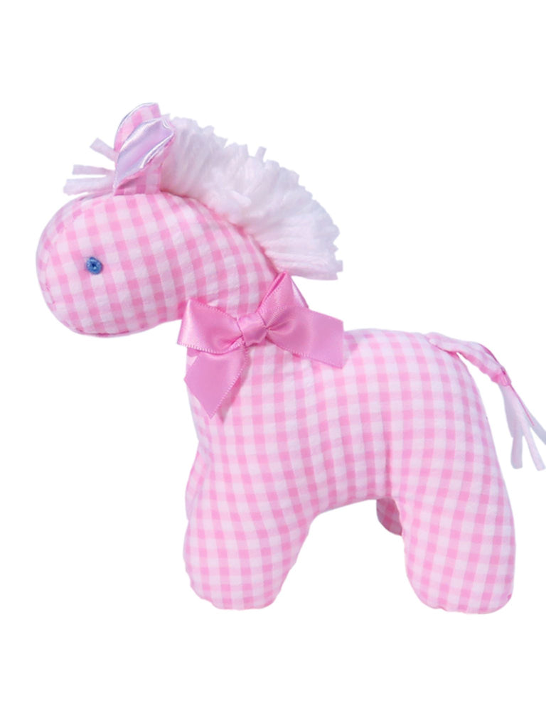 Pink Seersucker Check Mini Horse Baby Rattle