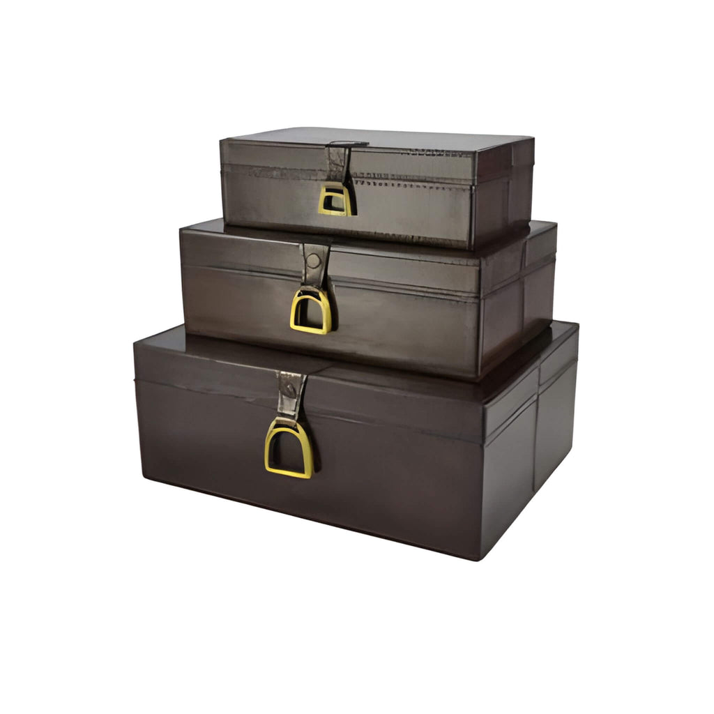 Set Of 3 Leather Stirrup Box Set - Dark Brown