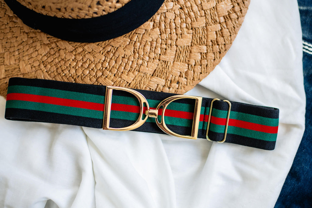 Stirrup Belt -  Black,Green & Red Stripe- Gold Stirrup