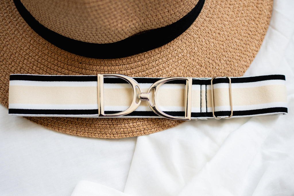 Stirrup Belt -  Black,White & Cream Stripe- Silver Stirrup