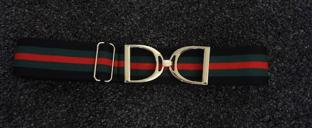 Stirrup Belt -  Black,Green & Red Stripe- Gold Stirrup