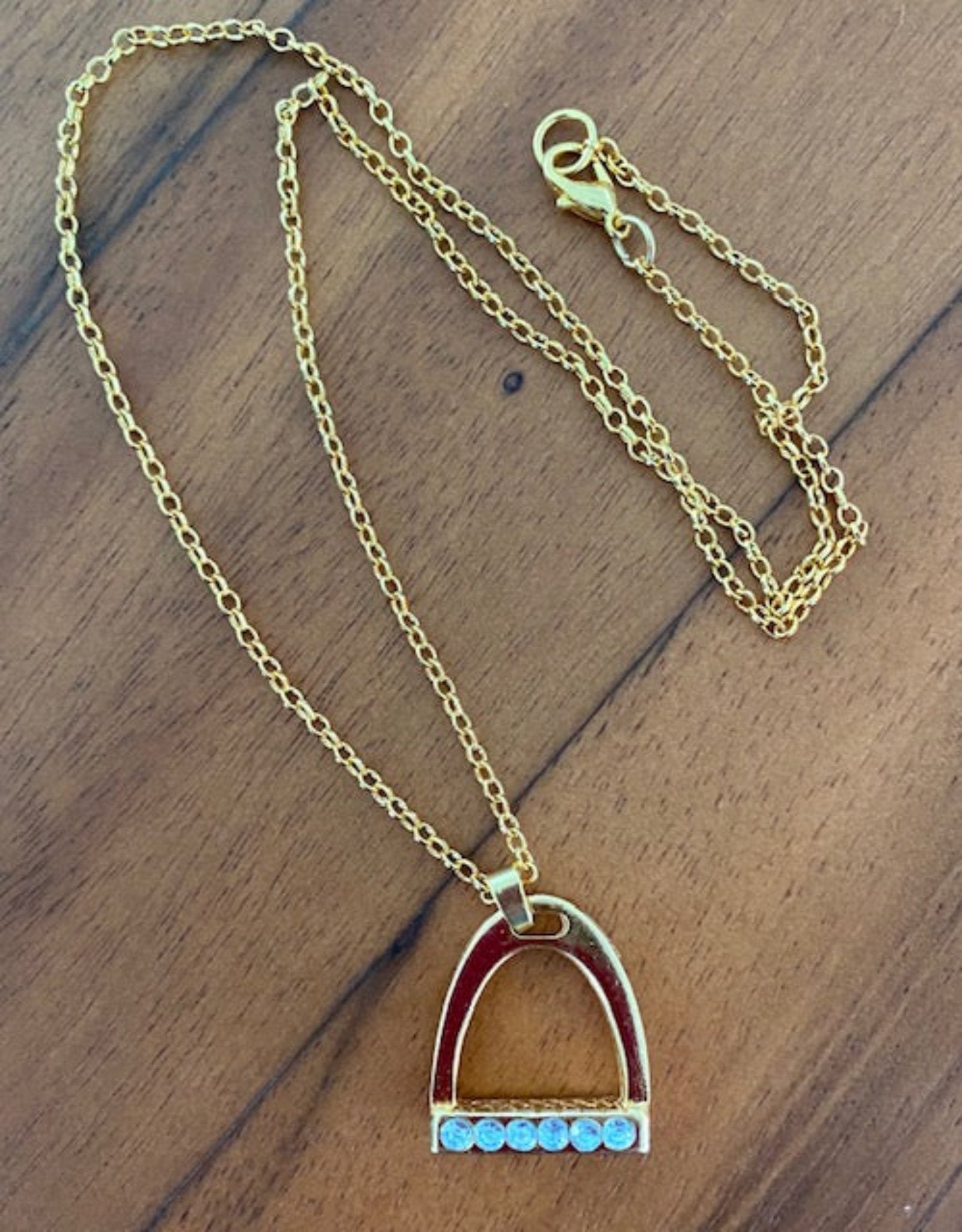 Gold Stirrup Necklace Blue Stones