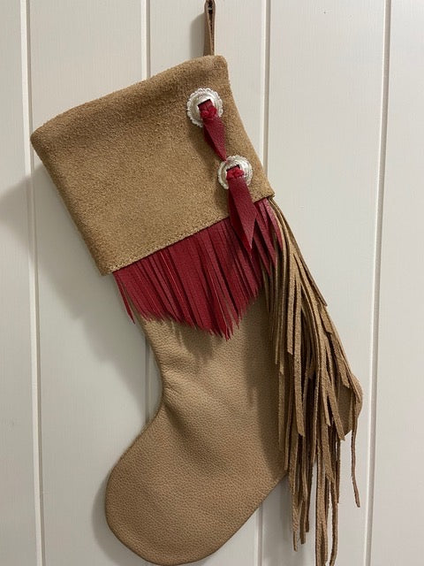 Leather Xmas Stocking - Beige & Red