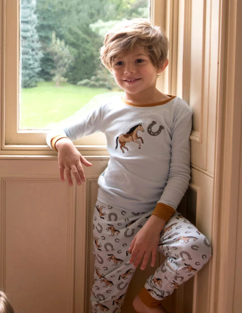 Kids Blue Cotton Horse Pyjamas Long