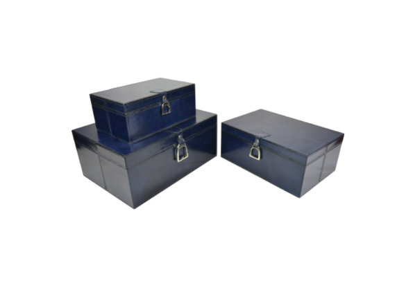 Set Of 3 Leather Stirrup Box Set - Blue