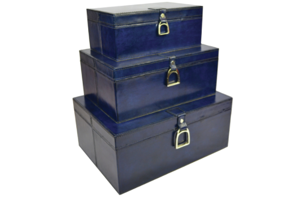 Set Of 3 Leather Stirrup Box Set - Blue