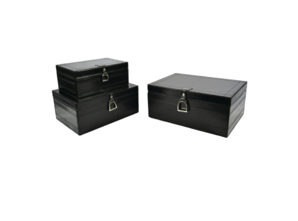 Set Of 3 Leather Stirrup Box Set - Black