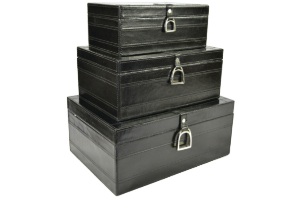 Set Of 3 Leather Stirrup Box Set - Black