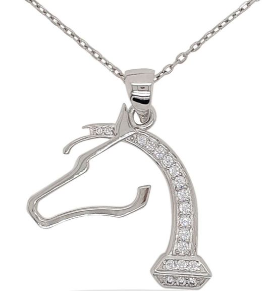 Stirling Silver & CZ Horse Head Pendant Necklace