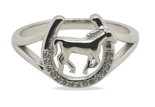 Stirling Silver& CZ Horse In Shoe Ring