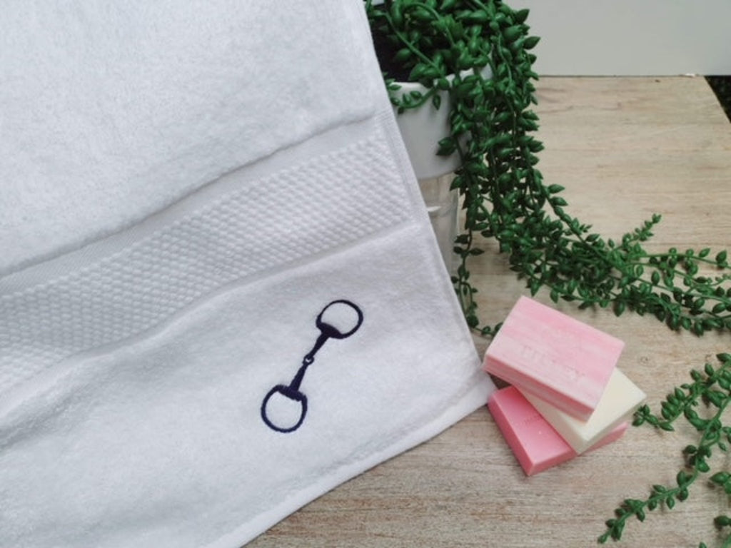 White Royal Ascot Towels - Navy Snaffle Design